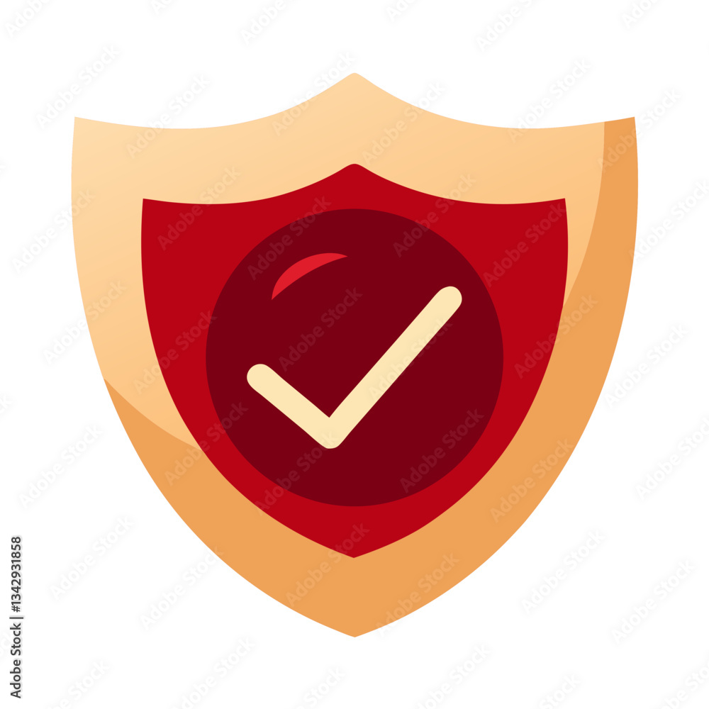 Poster security shield icon with checkmark in red and beige