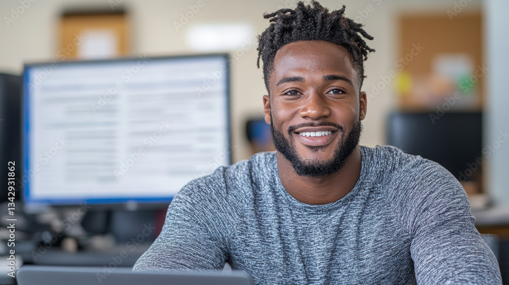 Poster student smiling while using laptop in study environment