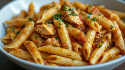 A symphony of flavors and textures: tender penne pasta embraced by a flavorful chicken ragu.