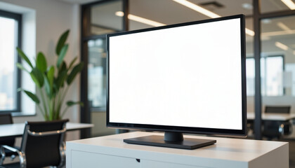 Blank computer monitor on desk in modern office workspace  