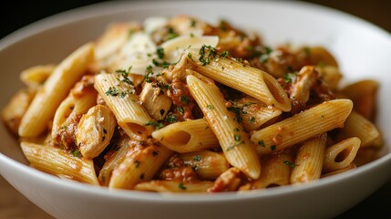 A symphony of flavors and textures: tender penne pasta embraced by a flavorful chicken ragu.