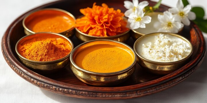 Traditional indian ubtan face mask ingredients resting on wooden tray