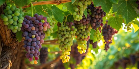 Naklejka premium Bunches of ripe and unripe grapes hanging on the vine during late afternoon sunlight in a vineyard