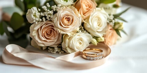 Obraz premium Wedding rings resting near bridal bouquet of peach and white roses