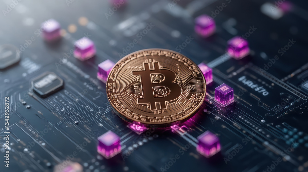 Poster digital currency coin on circuit board with glowing elements