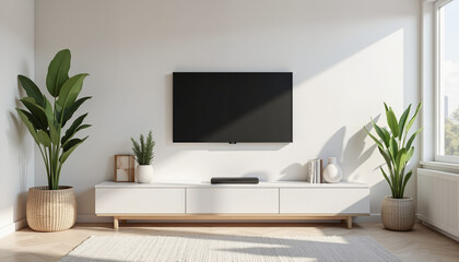 Modern living room setup with plants and television in bright space  