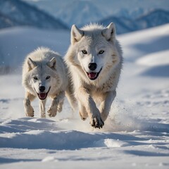 Obraz premium Pair of Arctic Wolves Playing in Snow with Snow-Capped Mountains in the Background
