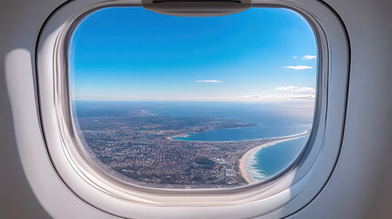 Fototapeta premium Aerial view of coastal city from airplane window, showcasing blue skies and ocean