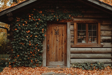 Rustic wooden cabin covered in autumn ivy leaves scenic fall landscape log old door brown green house