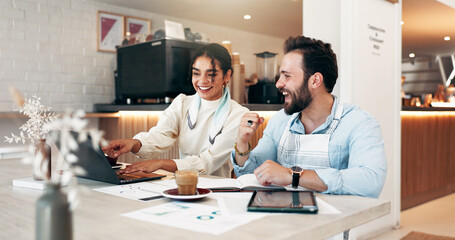 Business woman, laptop and smile in cafe for review, social media and retail management success....
