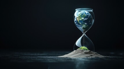 Futuristic hourglass with Earth crumbling into sand, highlighting the fleeting time left to protect our planet.