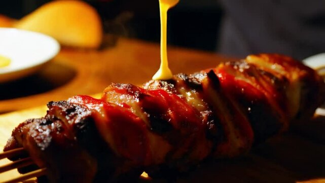Close-up of juicy Iskender kebab drizzled with hot butter, steam rising, rustic wooden table setting, dramatic moody lighting
