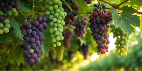 Grapes growing in a vineyard during late afternoon near a sunny slope in late summer