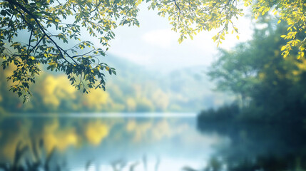 Serene lakeside landscape with lush green trees and calm water reflections sky mist view park image