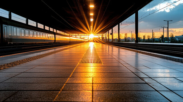 train station at dawn with railway tracks reflecting sunlight