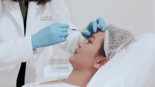 Asian woman receiving a specialist cosmetologist botox injection at aesthetic clinic, with assistant apply cold compresses to her face. Rejuvenation anti-aging beauty treatment in aesthetic clinic.