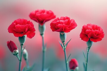Obraz premium Red carnations with buds on a soft, blurred pink background in a horizontal view. It can be used to illustrate love, affection, or any feminine theme.