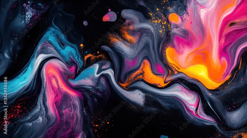 Poster colorful abstract liquid art swirls with black background and bright dots. use it for website design