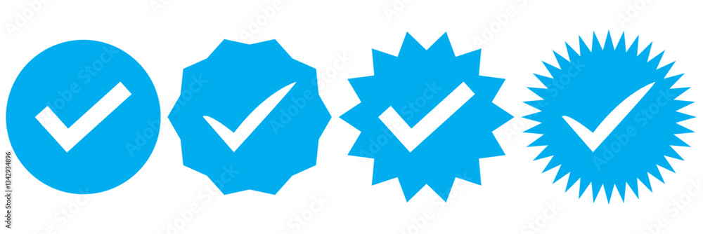 Poster blue tick set of a collection of blue check mark badges in various shapes and designs, suitable for 