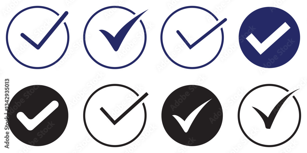 Poster blue tick set of a collection of blue check mark badges in various shapes and designs, suitable for 