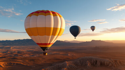 Fototapeta premium Aerial view of colorful hot air balloons soaring over desert landscape at sunset
