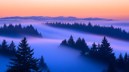 Serene misty mountain landscape at sunrise with majestic pine trees fog sky dawn blue pink calm view