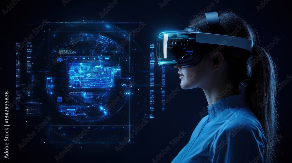 Poster high-tech online education hub with virtual reality learning spaces, students interacting with ai tu