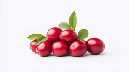 Obraz premium Fresh red plums with green leaves on a white background