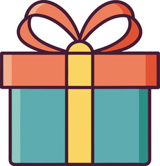 Teal Gift Box with Orange and Yellow Ribbon Vector Illustration, A colorful vector illustration of a teal gift box with an orange ribbon and yellow bow, perfect for holiday and celebration-themed desi