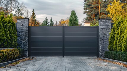 Sleek dark grey aluminum garden gate featuring stylish gray slats for suburban home entrance appeal