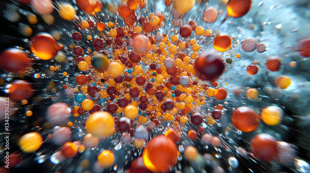 Poster dynamic depiction displaying an atom with multiple orbiting particles in an abstract style