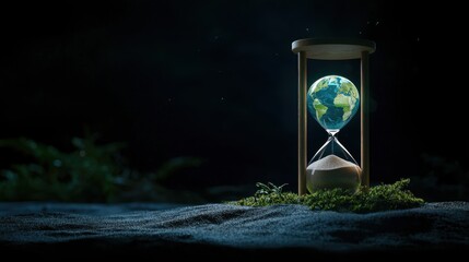 Naklejka premium Hourglass filled with sand and Earth image inside, symbolizing time running out for environmental action