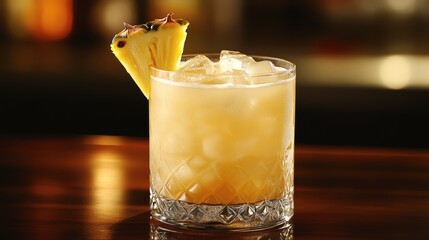 A creamy concoction of white pineapple juice, coconut rum, and a hint of sweetness, garnished with a wedge of pineapple, a refreshing and tropical delight.