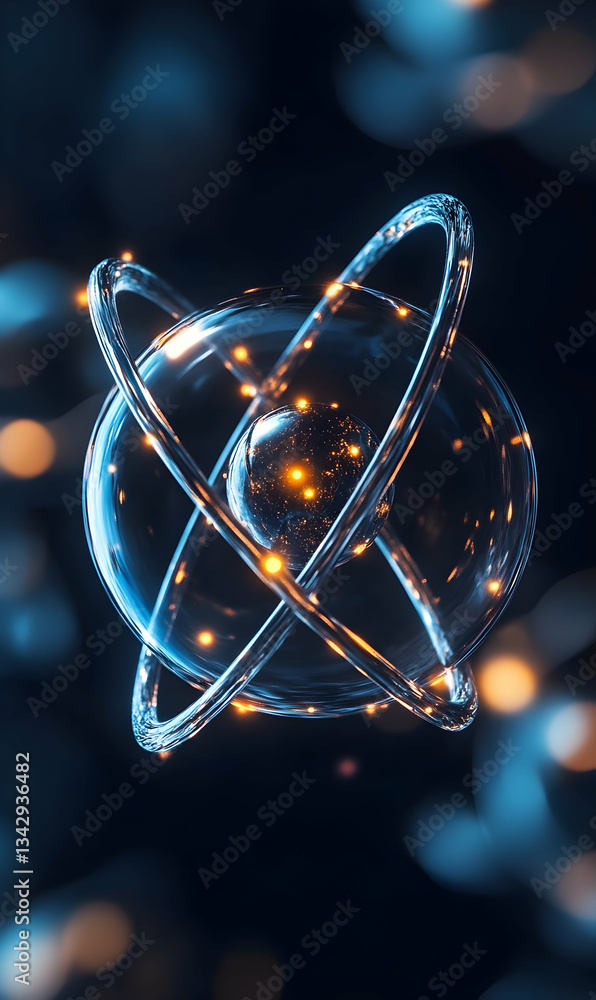 Poster futuristic rendition of the atom, showcasing intricate atomic structure and light dispersion