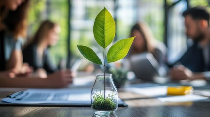 Business people in a meeting with a sustainability consultant, planning an eco-friendly project and discussing environmental solutions.