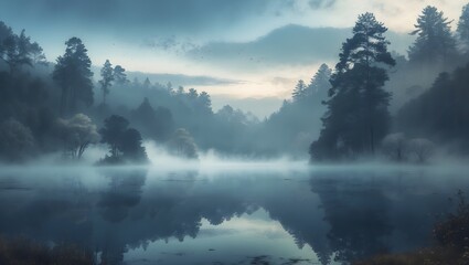 Serene Lake at Dawn: A misty landscape unveils a tranquil lake reflecting towering trees, evoking a sense of peace and the raw beauty of the environment.