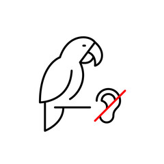 Parrot and ear crossed. symbol. Deaf pets care. Silent monitor mode. Pixel perfect, editable stroke vector icon