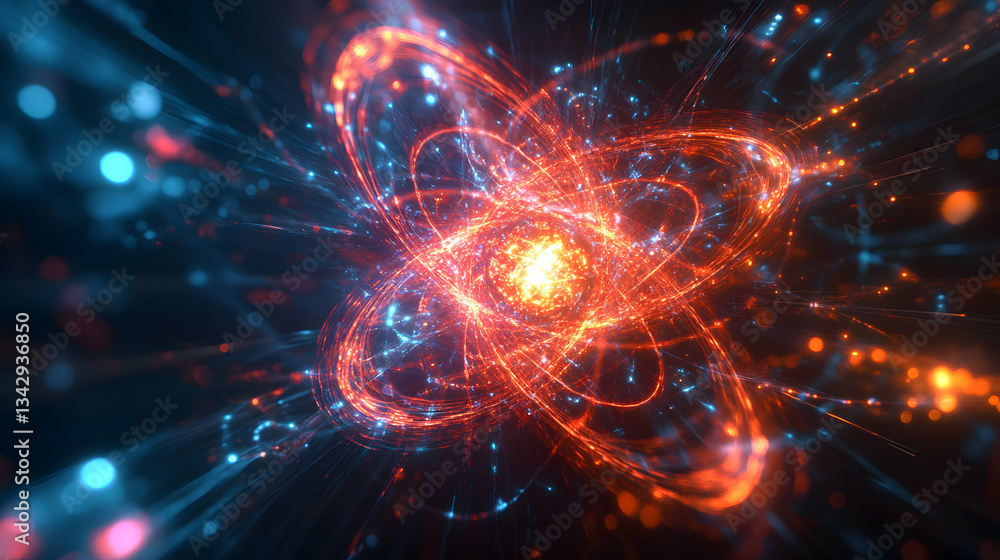 Poster dynamic atom representation with vibrant energy particles, revealing complex internal structure
