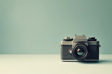 An old vintage camera sitting on a flat light blue surface