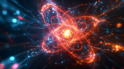 Obraz premium Dynamic atom representation with vibrant energy particles, revealing complex internal structure