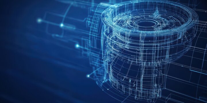 Mechanical energy physics motion concept, Blueprint-style illustration of a mechanical device in blue tones.