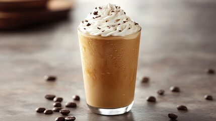 A frothy concoction of iced espresso and blended ice, topped with whipped cream, a cold coffee frappe, the perfect refreshing beverage on a hot day.