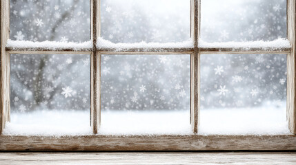 Frosted window with delicate snowflakes and winter scenery outside