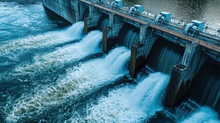 Mechanical energy physics motion concept, Water flows through a dam, showcasing the power of hydraulic engineering and natural resources.