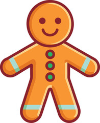 Happy Gingerbread Man Vector Illustration, A cute vector illustration of a smiling gingerbread man with green buttons and blue icing, perfect for holiday and Christmas designs.
