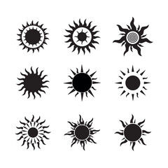 Set of Black Sun Icons, Tribal and Decorative Sun Symbols, Vector Sunburst Designs for Logos
