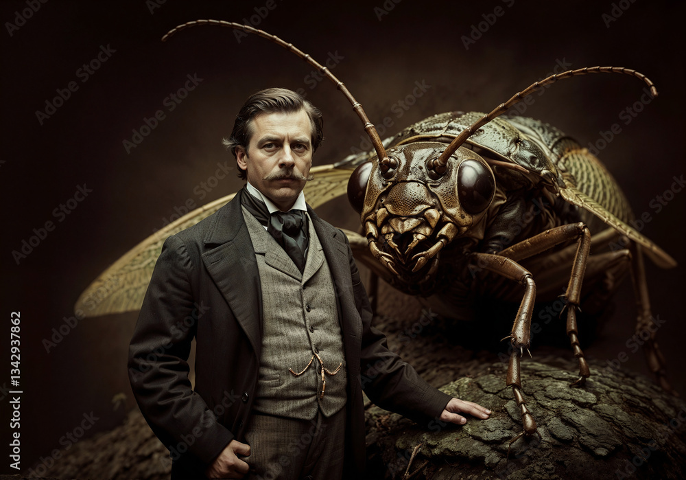 Poster retro photo of an old renaissance scientist with a huge beetle behind him . generative ai