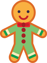 Christmas Gingerbread Man Vector Illustration, A cheerful vector illustration of a gingerbread man dressed in green with red details, perfect for holiday and Christmas designs.
