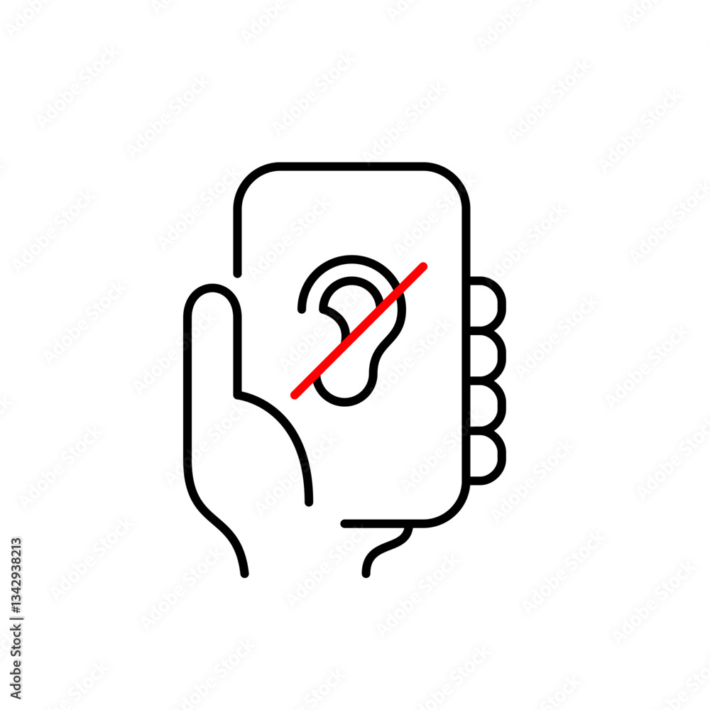 Poster hand holding phone and a crossed-out ear and pencil, website with no sound or muted audio content. s