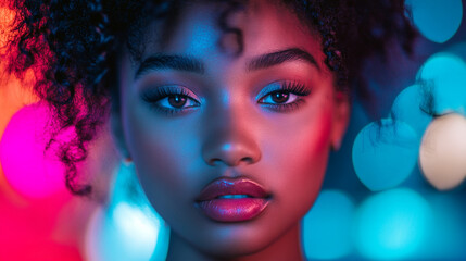 Obraz premium Stunning portrait of a young woman with curly hair vibrant blue and pink neon lights girl eyes face